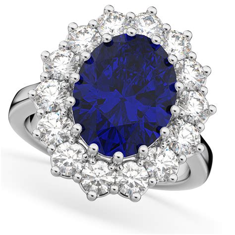 Women S Oval Blue Sapphire Diamond Halo Lady Di Ring K White Gold Ct EBay