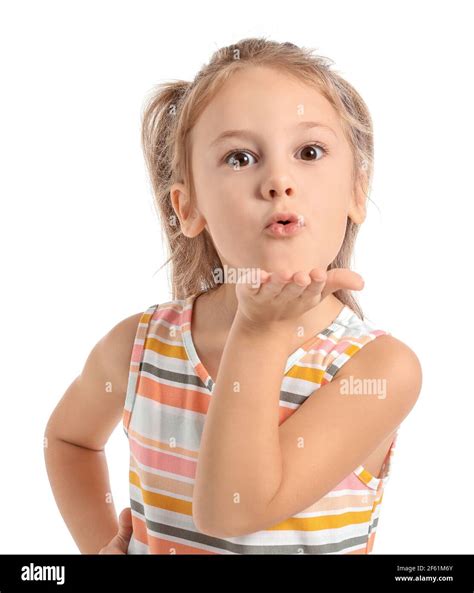 Cute Little Girl Blowing Kiss On White Background Stock Photo Alamy