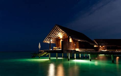 Casa Flotante Marrón Maldivas Tropical Bungalows Noche Fondo De