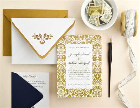 Elegant Navy And Gold Damask Wedding Invitation Cards And Pockets Design