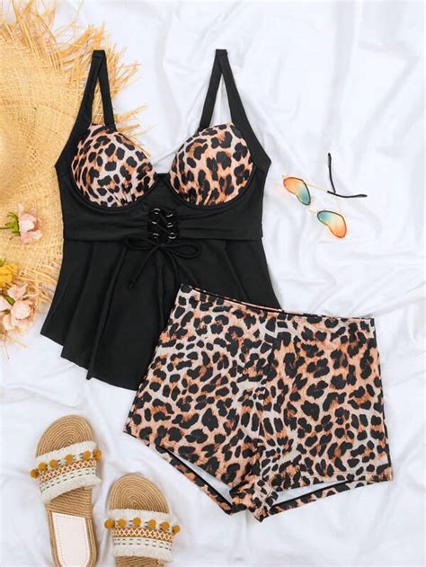 Shein Swim Classy Leopard Print Knot Front Push Up Bikini Swimsuit