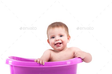 Little Pretty Baby Boy Take Bath In Green Tub Stock Photo By Traimakivan