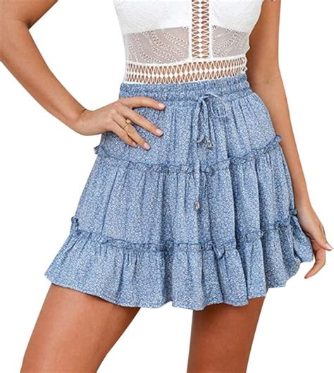 Anjunie Women Mini Skirt Summer Casual Bohe High Waist Ruffled Floral Print Beach Short Skirt At