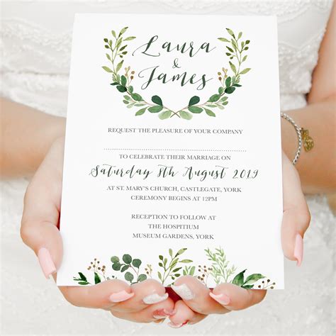 Green Leaf Wedding Invitations Watercolour Foliage Greenery Eucalyp