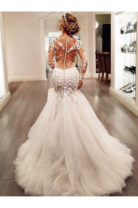 Mermaid Style Wedding Dress With Lace Long Sleeves Lace Open Back