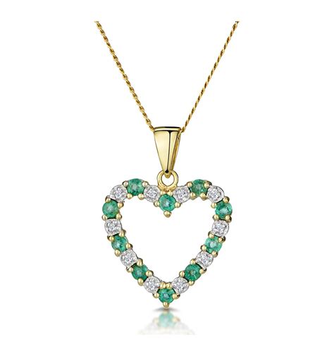 Emerald 054ct And Diamond 9k Yellow Gold Heart Pendant Necklace