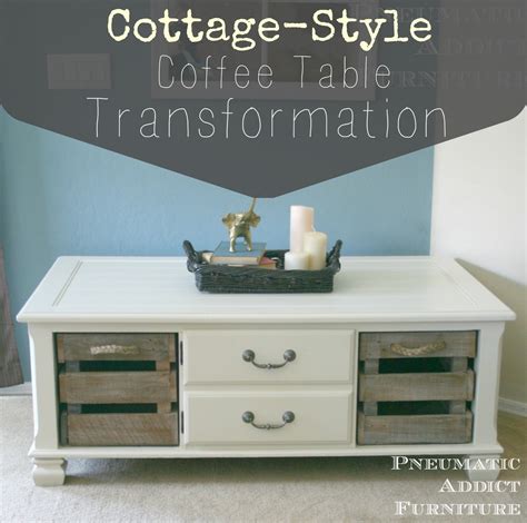 This coffee table is crafted from solid wood with an antiqued finish that lends it an heirloom feel. Cottage-Style Coffee Table Transformation | Pneumatic Addict