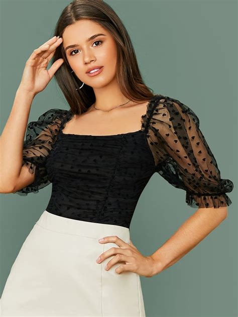Ruched Heart Flocked Mesh Top Check Out This Ruched Heart Flocked Mesh