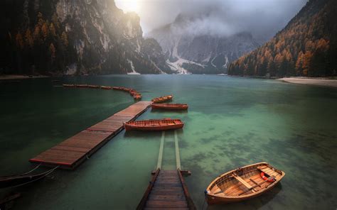 Download Wallpapers Lake Braies Pragser Wildsee Dolomites Evening