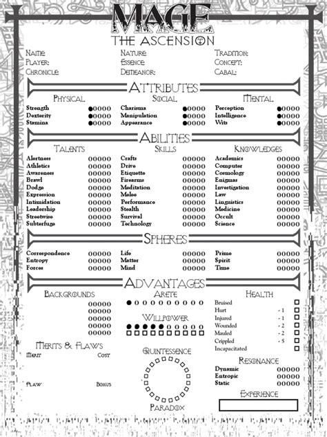 Mage 1 Ascension Character Sheet Editable Pdf Leisure Activities