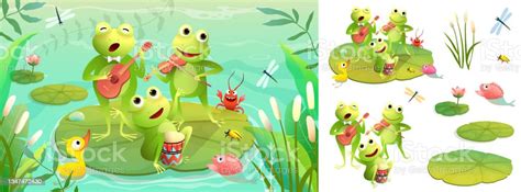 Swamp Or Pond Concert Frogs Playing Music Stock Illustration Download