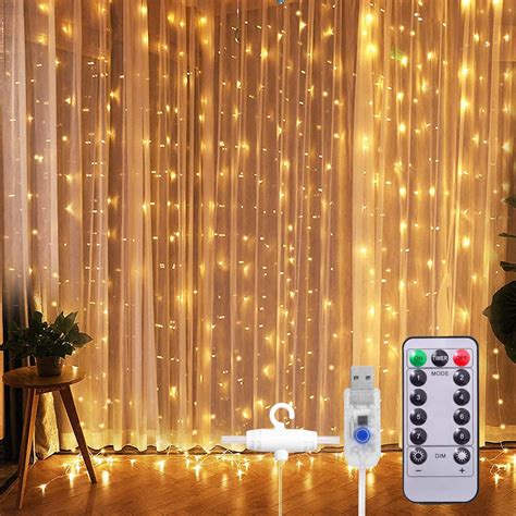 Window Curtain String Light 300 Led 8 Lighting Modes Fairy Lights Remote Control Usb Powered