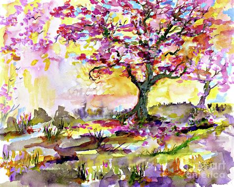 Spring Blossom Tree Warm Watercolor Painting By Ginette Callaway Fine