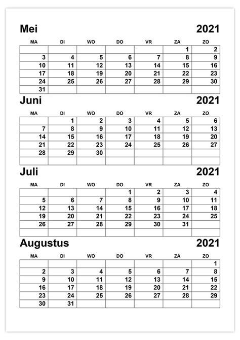 Kalender Mei Juni Juli Augustus 2021