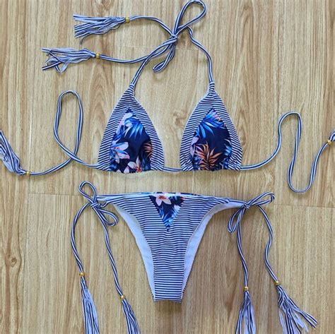 New Sexy Brazilian Women Triangle Bikini Set Striped Floral Push