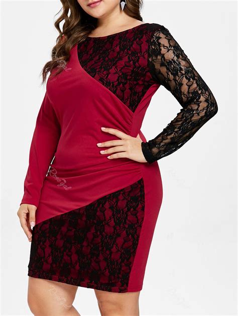 Plus Size Lace Panel Bodycon Dress [44 Off] Rosegal