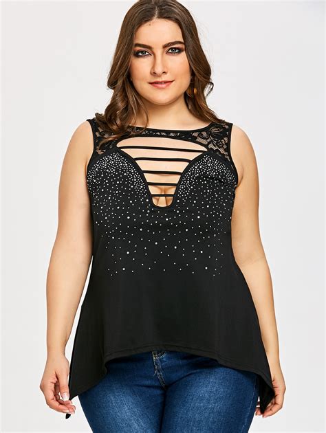 Gamiss Plus Size Sexy Ladder Cutout Embellished Sleeveless T Shirt Plus