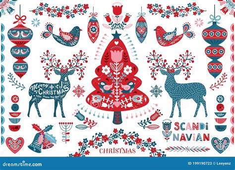 Scandinavian Christmas Folk Art Design Elements Stock Vector