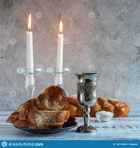 Shabbat Shalom Challah Bread Shabbat Wine And Candles On Wooden