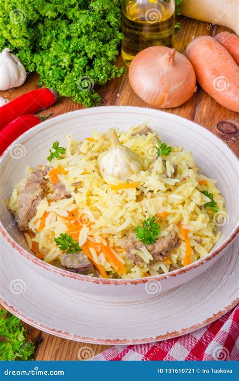 Pilaf Rice With Meat Vegetables And Spices Stock Image Image Of