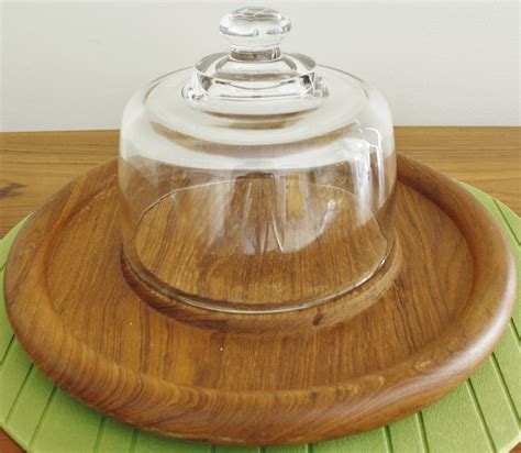 Vintage Teak Cheese Tray Server With Glass Dome By Goodwood Haute Juice