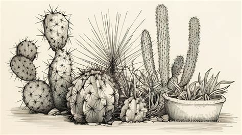 Black And White Drawing Of Cactus Plants Background Cactus Picture
