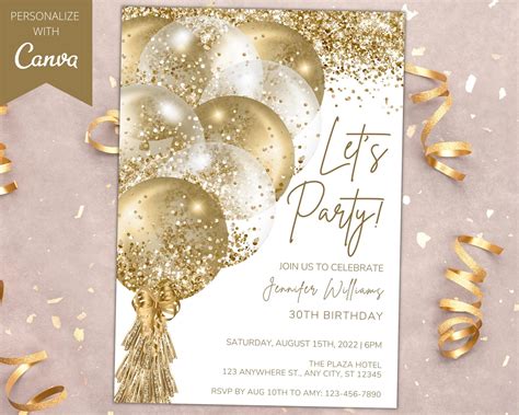 Editable White Gold Glitter Birthday Invitation Printable Etsy Australia