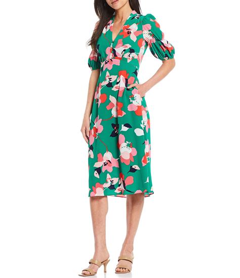 Vince Camuto Floral Print V Neck Short Gathered Sleeve Hip Pocket Midi