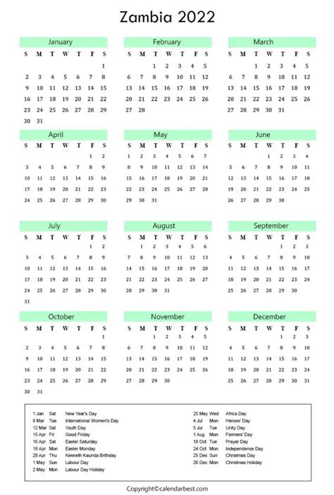 Free Printable Zambia Calendar 2022 With Holidays