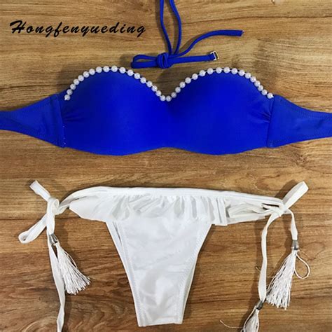 Hongfenyueding Swimsuit Push Up Pearl Brazilian Thong Bikini Set