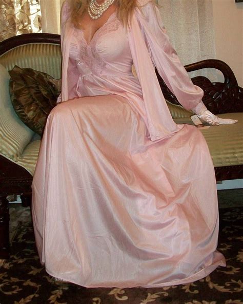 pink nylon nightgown and pink nylon robe satin nightie satin sleepwear satin lingerie satin