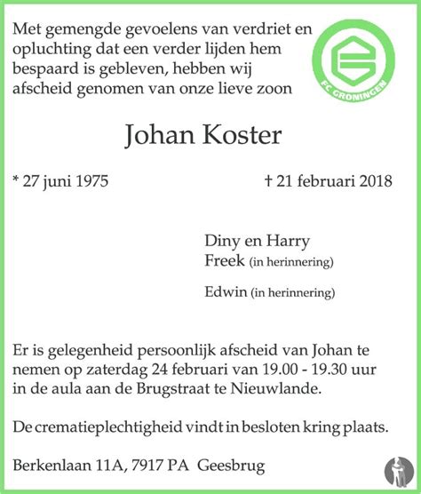 Johan Koster 21 02 2018 Overlijdensbericht En Condoleances Mensenlinqnl