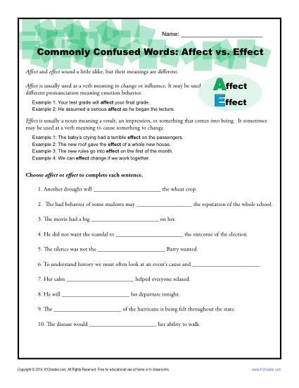 Affect Versus Effect Worksheet