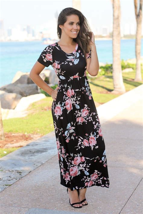 Black Floral Maxi Dress With Short Sleeves Black Floral Maxi Dress