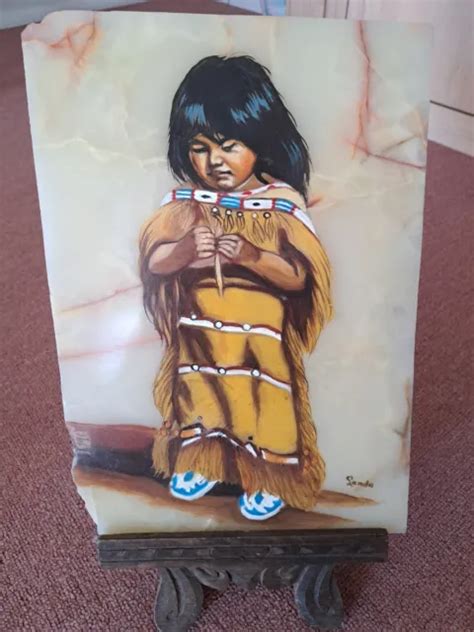 Rare Art Oil Painting Native American Indian Girl On Marble Slate Landa Art 124 95 Picclick