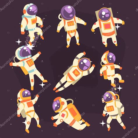 Astronaut Space Suit Floating In Open Space Different Positions Set Of