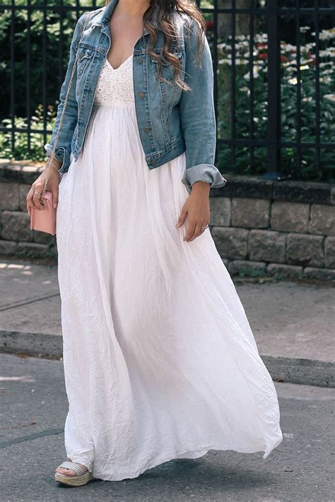 White Maxi Dress With Denim Jacket Fashion Style Ideas A Side Of