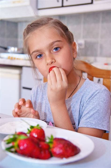 Sweet Girl Eats Strawberries Stock Image Image Of Fresh Home 113312915