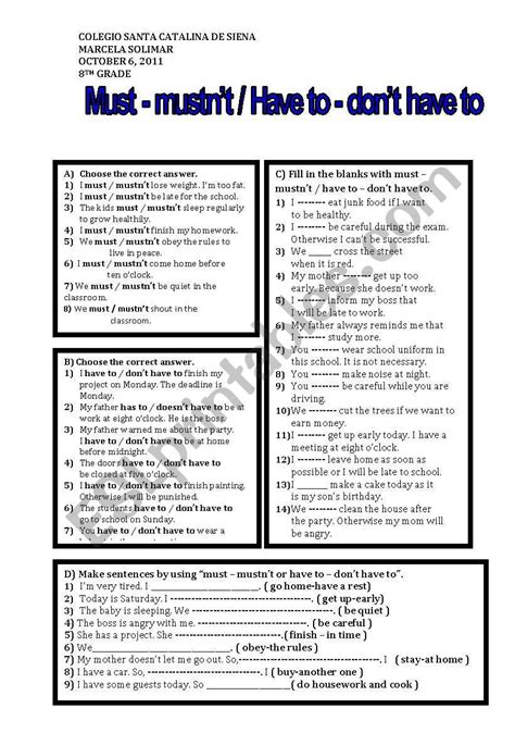 Must And Have To Esl Worksheet By Marchsg