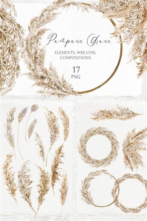 Pampas Grass clipart set. Boho Watercolor Wreaths Bohemian Wedding