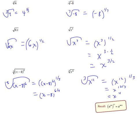 The relationship between and works for rational exponents that have a numerator of 1 as well. Rational exponents,5