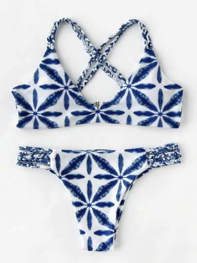 Graphic Print Braided Strap Bikini Set Sheinsheinside