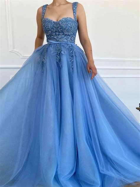 A Line Sweetheart Tulle Detachable Prom Dresses With Appliques Lace