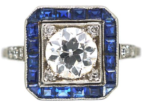 Art Deco Platinum Sapphire And Diamond Square Ring 928n The Antique