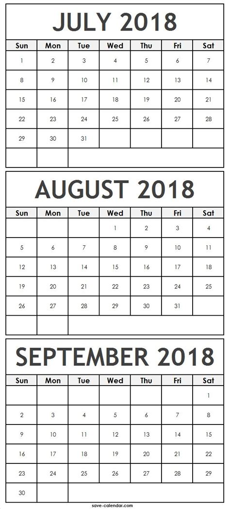 3 Months July August September 2018 Calendar Calendar Printable