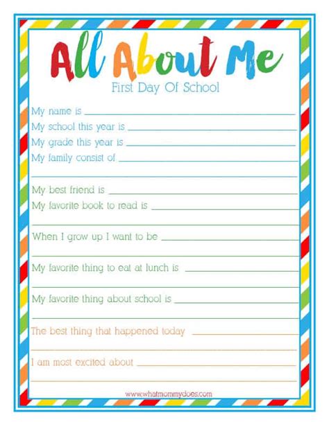 All about me worksheet to practice personal introductions: 8 Brilliant Back to School Free Printables - Artful Homemaking