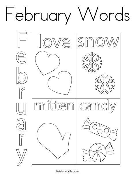 February Words Coloring Page Twisty Noodle Handwriting Worksheets