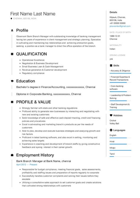 Experienced banker with excellent mathematical and analytical skills as well as a devotion to customer service. Resume Template of a Bank Branch Manager