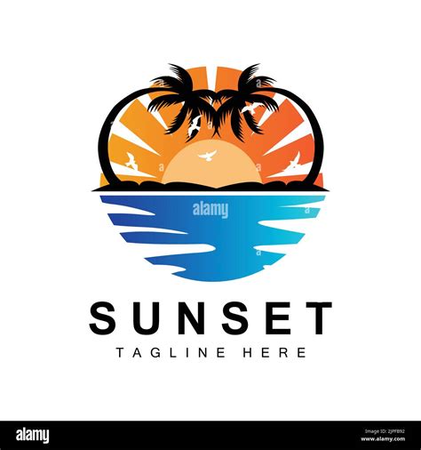 Sunset Beach Logo Design Seascape Illustration Red Day Vacation Spot