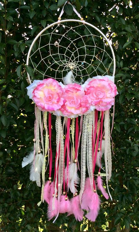 Pink Floral Ribbon Dream Catcher Bohemian Cream Lace Home Etsy